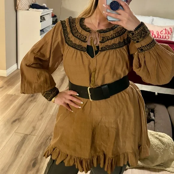 chinese dress ladies Free People Brown Floral Mini Dress with Beige Lace Lining and Puffy  Balloon Sleeves (XS)